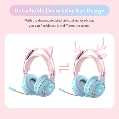 2 in 1 Cute Antlers/Cat Ears Wireless Bluetooth Headphones Gamer 3.5mm Headset Gaming Headphones Christmas Gift for Kids Girls