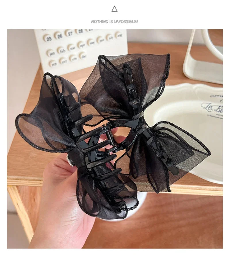 Korea Sweet Mesh Tulle Big Bow Hair Claw Clips for Women White Black Bowknot Hair Clamp Hairpin Headdress Accessories Shark Clip