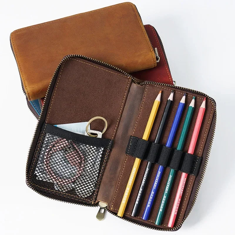 Zipper Retro Pen Pouch Leather Pencil Case Cowhide Men Pencil Bag with Pen Slots for School Students Large Capacity Pencil Bag