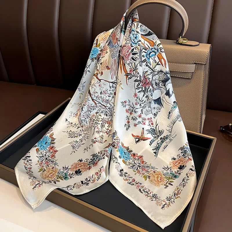 Luxury Floral Silk Feel Square Scarf Women Soft Satin Kerchief Hairband Neckerchief Head Hijab Lady Headband Foulard Bag Ribbon