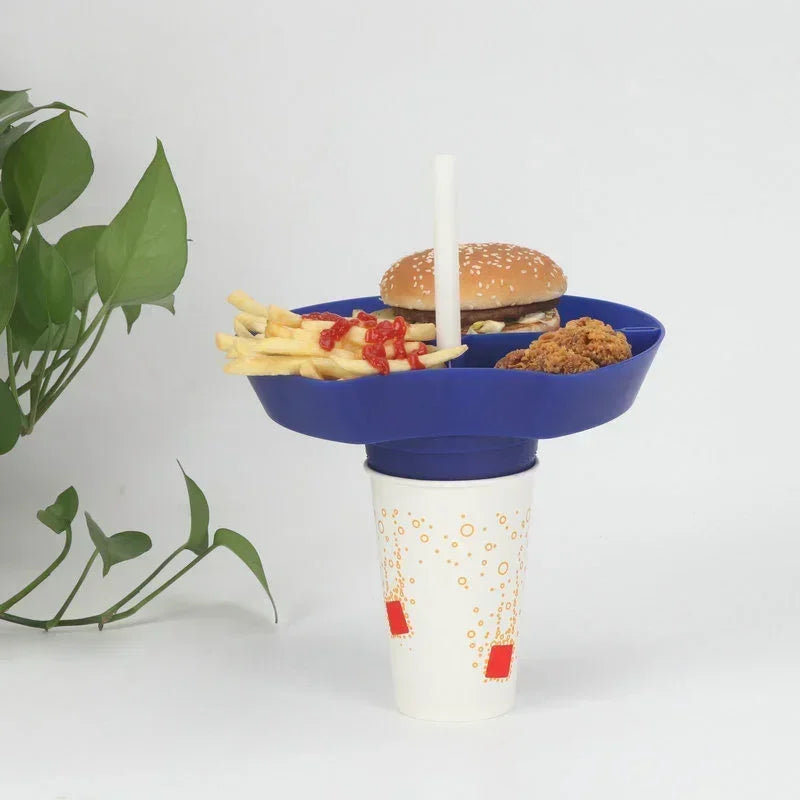 Compartment Plate For Food 2 In 1 Reusable Food Tray Snack Bowl With Straw Hole Put On Beverage Cup Take Out To Go With Straw