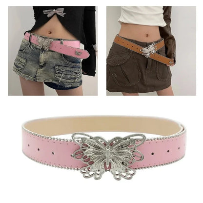 Y2K Jeans Butterfly Pin Buckle PU Belt for Women Subculture Goth Punk Buckle Waist Belt Vintage Wide Belt for Teens Girls Female