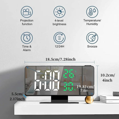 180° Arm Projection Digital Alarm Clock Temperature Humidity Night Mode Snooze 12/24H USB Plug-in Projector Table LED Clock