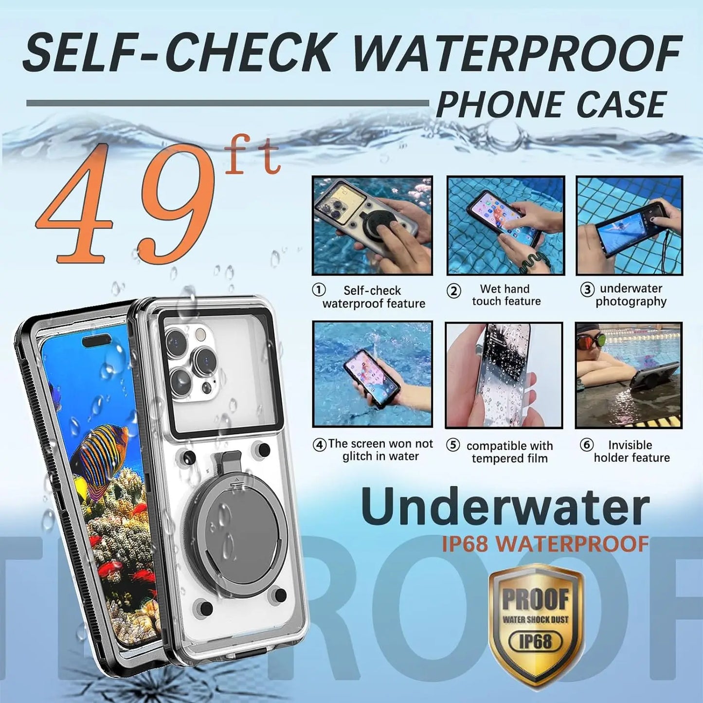 Diving Waterproof Phone Case Within 7.1" for Snorkelling Universal Self-Check Waterproof Underwater Cover for LG Google Xiaomi