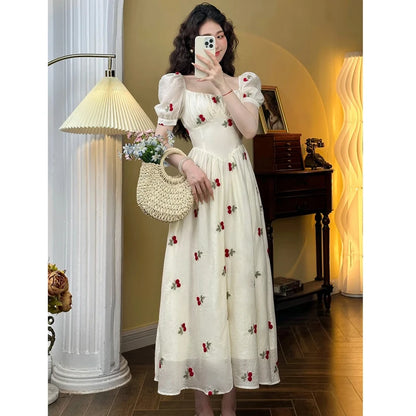 New Sweet Cute Short Sleeve Print Midi Dress for Women Square Neck Summer 2024 Elegant Beach Holiday Casual Fairy Dresses