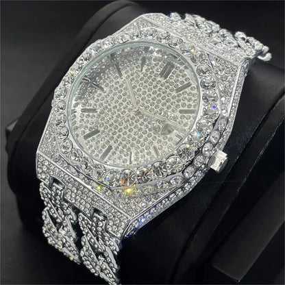 2024 Luxury Men Watches Brand MISSFOX Hip Hop Iced Out Diamond Watch Men Fashion Cuban Chain Quartz Clock Man Reloj Dropshipping