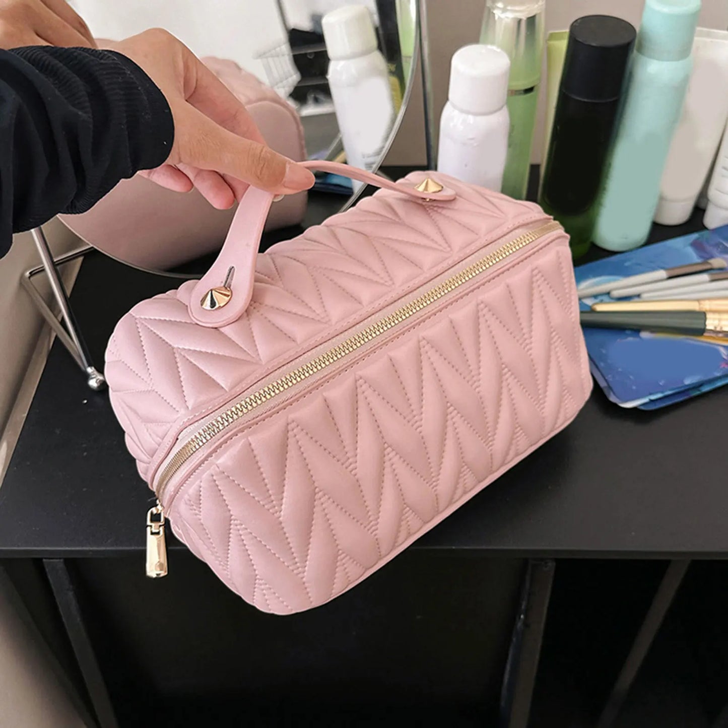 Makeup Bag Travel Essentials PU Leather Multipurpose for Women Toiletry Bag for Business Trip Makeup Brush Travel Dorm Daily Use