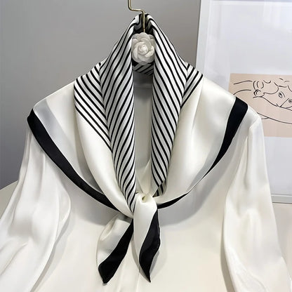 Square Imitation Silk Scarf Black And White Striped Head Wrap For Women Multifunction Silk Feeling Neckerchief