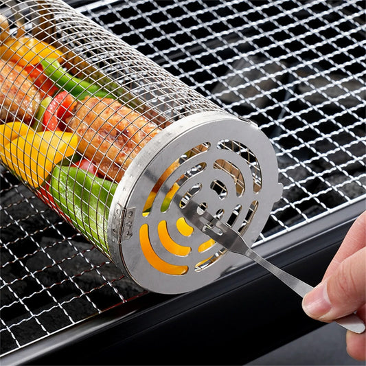 Barbecue Cages Stainless Steel Grill Grate Camping Picnic Cookware Outdoor Round BBQ Campfire Grill Grid Rolling Grill Basket