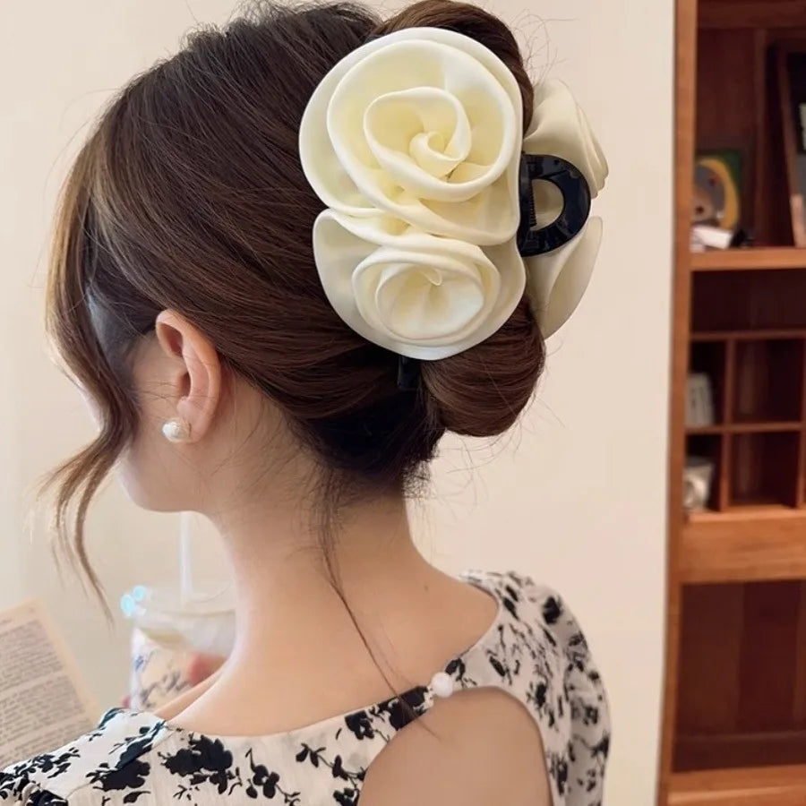 Rose Satin Grip Large Shark Clip Elegant High-Grade Finishing Hair Accessories Pinzas Para El Cabello  Заколка Для Волос 머리핀