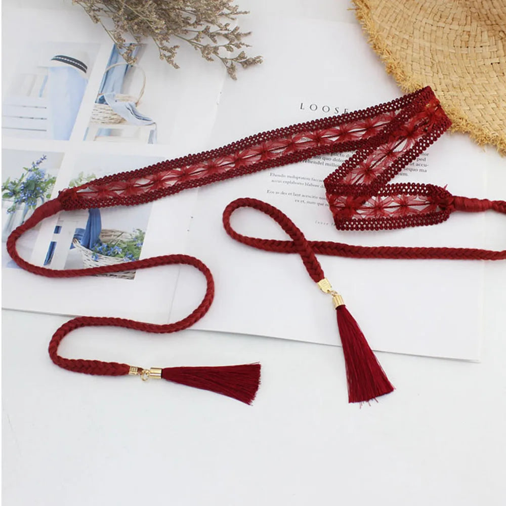 Braided Thin Waist Rope Knot Dress Decoration Waistbands Woven Tassel Belt Lace Cotton Thread Waist Chain Knitted Waist Belt DIY