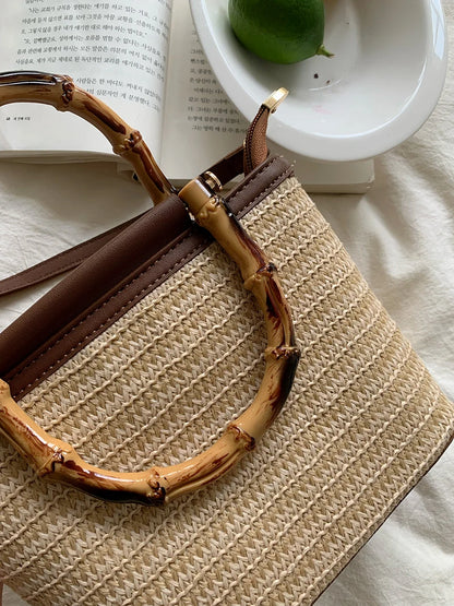 Simple Hand Knitted Women's Travel Handbags Fashion Wooden Handle Ladies Shoulder Bags Summer Straw Female Bucket Crossbody Bags