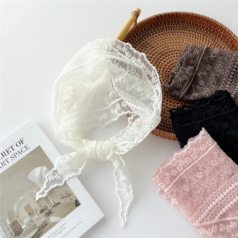 Hollow Lace Triangle Scarf Head Wrap Scarf Office Lady Wrist Hair Tie Bandana Kerchief Women Girl Headscarf Headband Hair Band