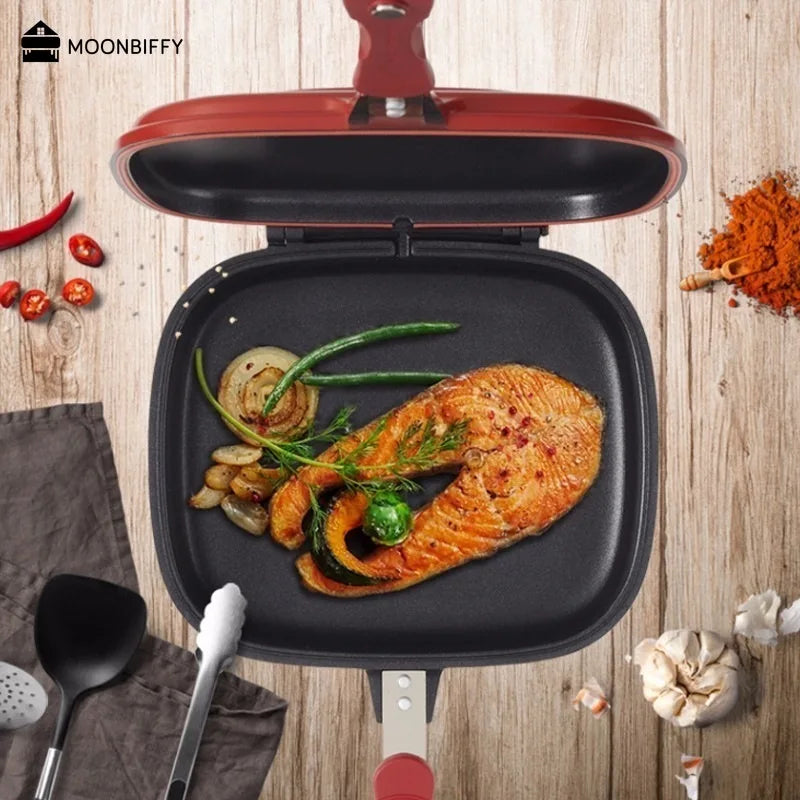 32CM/28CM Double-Sided Frying Pan Non-Stick Portable BBQ Grill Pan Flip Barbecue Cooking Tool Cookware Stove Cast Grill Cooker