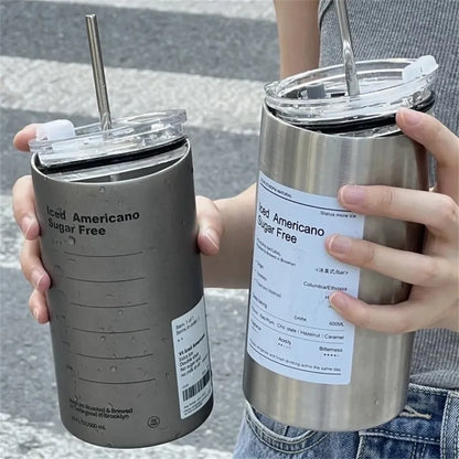 Coffee Cup Thermos 304 Stainless Steel Double -layer Cooler Straw Cup Portable Reusable Ins Ice American Coffee Mug Water Bottle