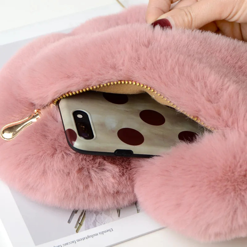 Fashion Women Heart Shaped Shoulder Bag Cute Luxury Faux Fur Crossbody Bags Wallet Purse Plush Chain Handbags Lady Messenger Bag