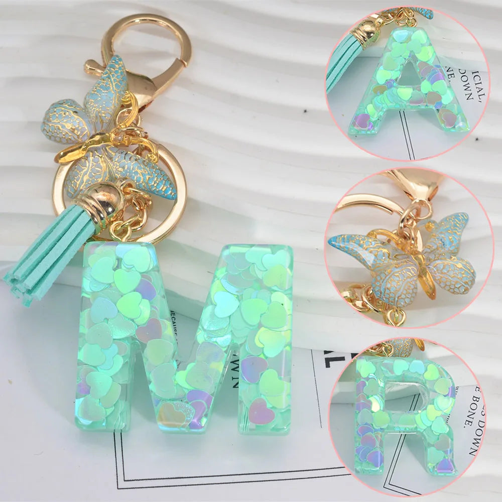 A-Z Heart-shaped Sequins Filled 26Letter Keychain Fashion Tassel Butterfly Alphabet Keyring for Women Men Car Handbag Pendant