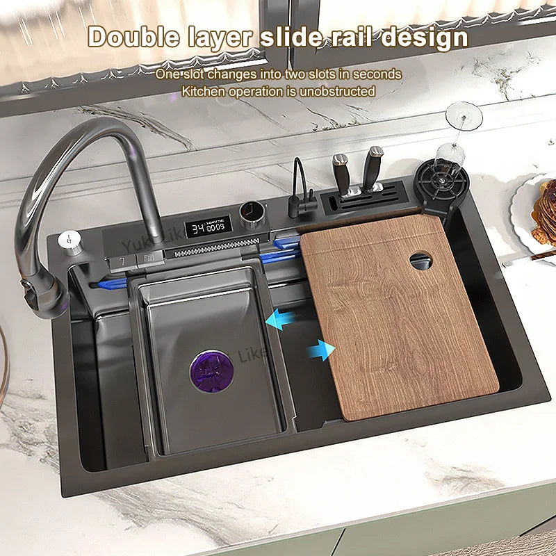 Large Single Stainless Steel Kitchen Sink with Digital Display and Multifunction Touch Waterfall, featuring a Dish Basin Design