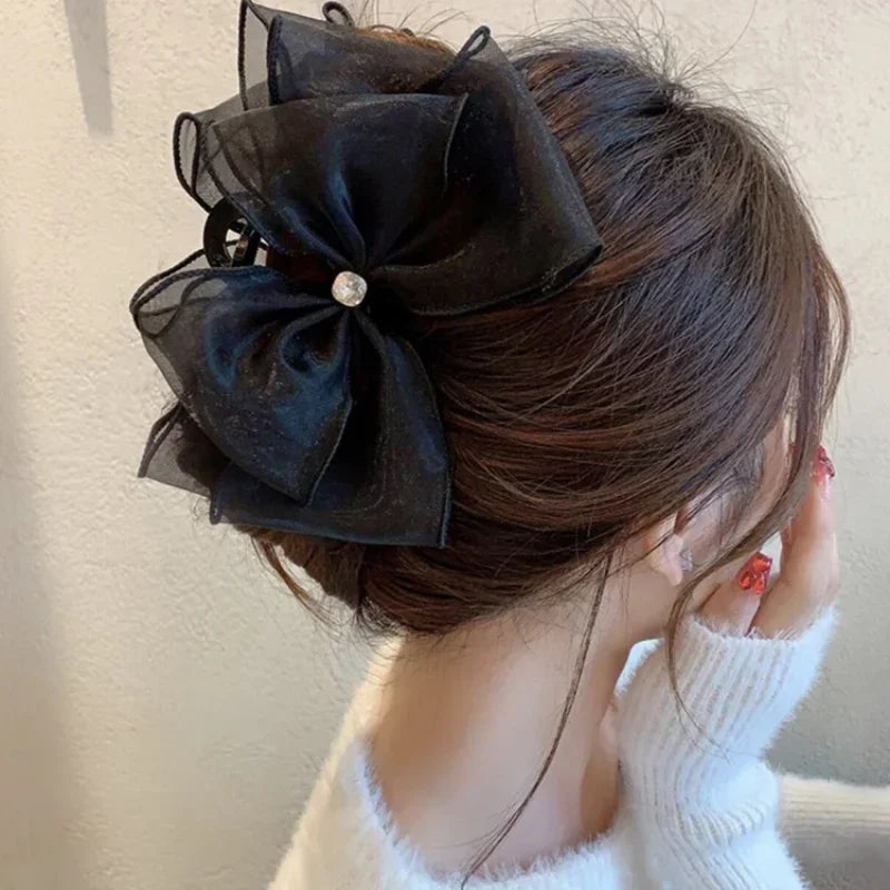 Korea Sweet Mesh Tulle Big Bow Hair Claw Clips for Women White Black Bowknot Hair Clamp Hairpin Headdress Accessories Shark Clip