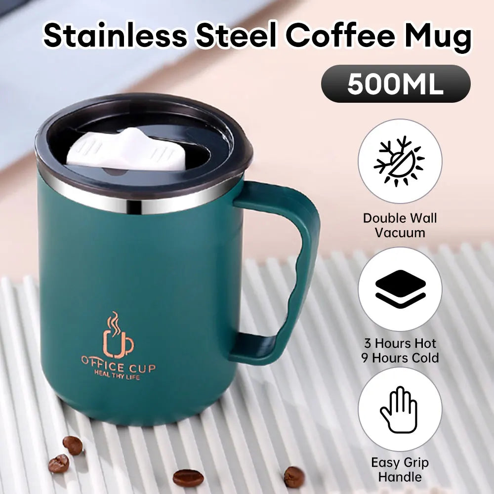 500ml Thermal Coffee Cup Double Wall Stainless Steel Heat Insulated Coffee Milk Mug with Handle and Lid Travel Drinking Tumbler