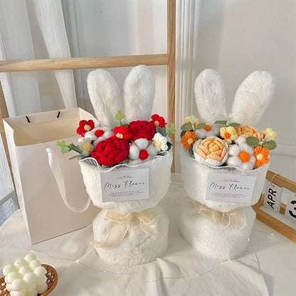 Artificial Roses Knitted Bouquet Handmade Wool Rabbit Ears Holding Bouquets Christmas Valentine Mothers' Day Birthday Gifts