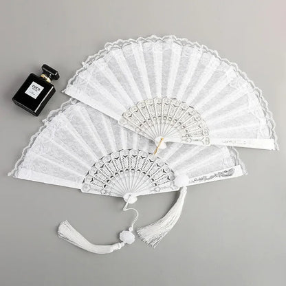 Luxury White Lace Folding Fan Double-layered Plastic Wedding  Home Decorative Fan Ancient Bride Hand Fan