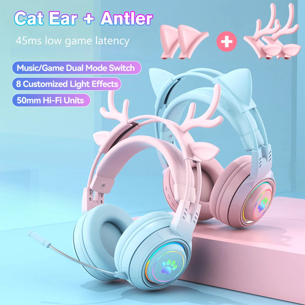 2 in 1 Cute Antlers/Cat Ears Wireless Bluetooth Headphones Gamer 3.5mm Headset Gaming Headphones Christmas Gift for Kids Girls