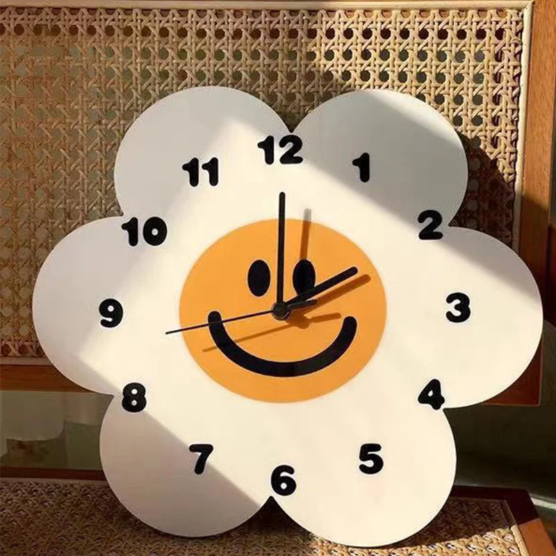 White Flower Shape Smiley Wall Clocks Fashion Cartoon Digital Mute Clock For Kids Modern Living Room Bedroom Home Decoration