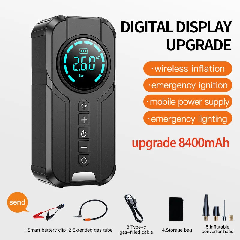 Portable Power Station: 4-in-1 Car Jump Starter, Air Compressor Inflator Pump, 1000A Car Battery Charger Booster, with an 8400mAh Power Bank.