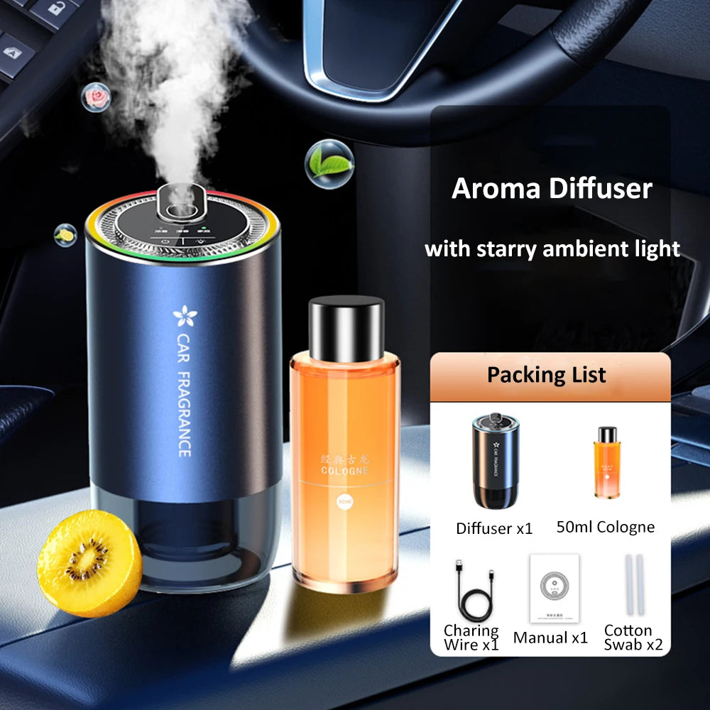 Car Aroma Diffuser with LED Starry Ambient Light 50ml Cologne Perfume Car Air Freshener Flavoring for Cars Fragrance Diffusers