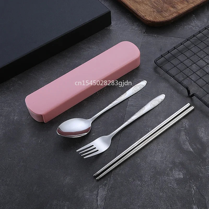 3Pcs/Set Travel Camping Cutlery Set Portable Tableware Stainless Steel Chopsticks Spoon Fork Steak Knife with Storage Case