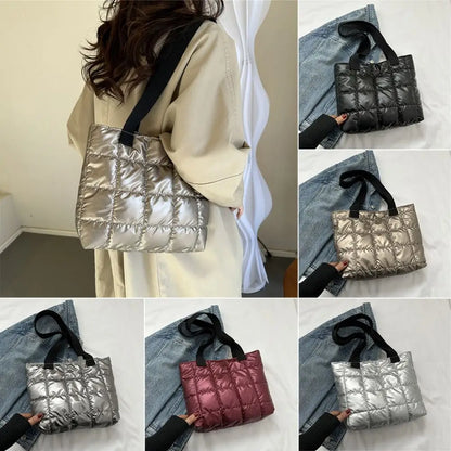 Quilted Shoulder Bags Fashion Solid Color Large Capacity Tote Bags Down Cotton Padded Shopping Bags Women Girls