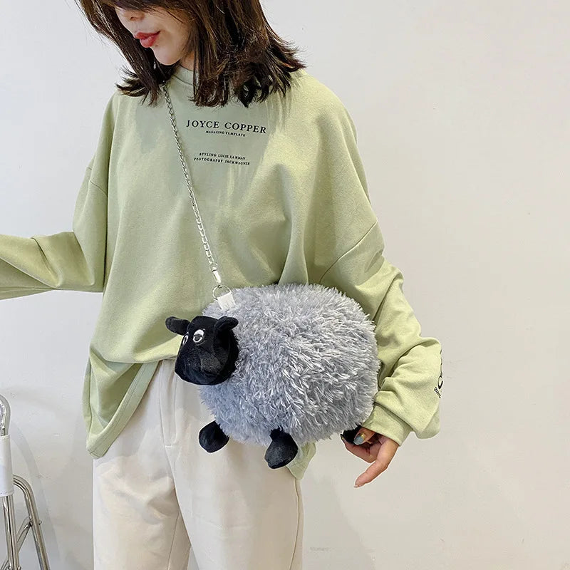 Cute Fluffy Soft Lamb Bag Women Cartoon Sling Bag Fluffy Animal Crossbody Bag Shoulder Bag Fur Soft Strip Bag Plush Back Pack