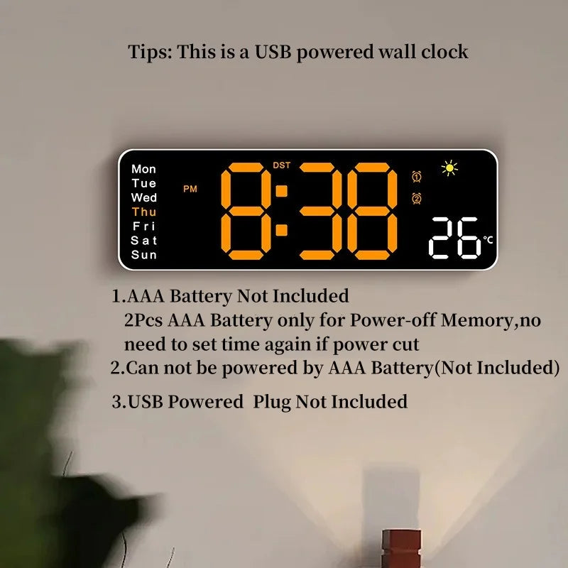 USB Powered Large Digital Wall Clock Remote Control TEMP Humidity Week 2 Alarm Timing Countdown 12/24H DST Table LED Alarm Clock