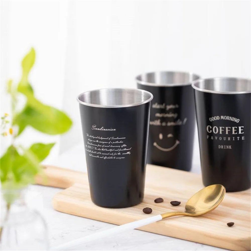 Black Stainless Steel Coffee Mug Silicone Lid Creative Letter Pattern Travel Camping Tea Milk Cups Home Office School Gift 500ml