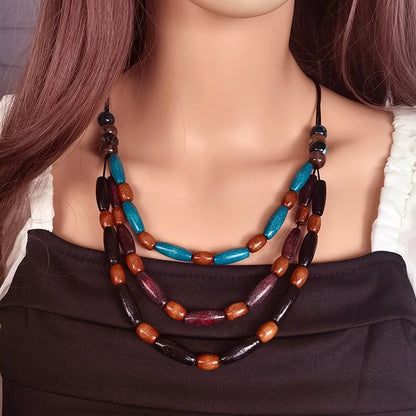 Bohemian Ethnic Wood Beads Multi Layers Necklaces Pendants Handmade Vintage Necklace for Women Daily Wear Fashion Jewelry