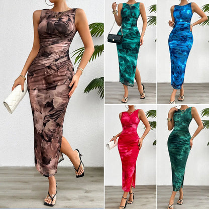 YEAE Sexy Slim Sleeveless Mesh Dress Printed Slim Split Sleeveless Long Women's Halter Dress Pleated Drawstring Floral DailyWear