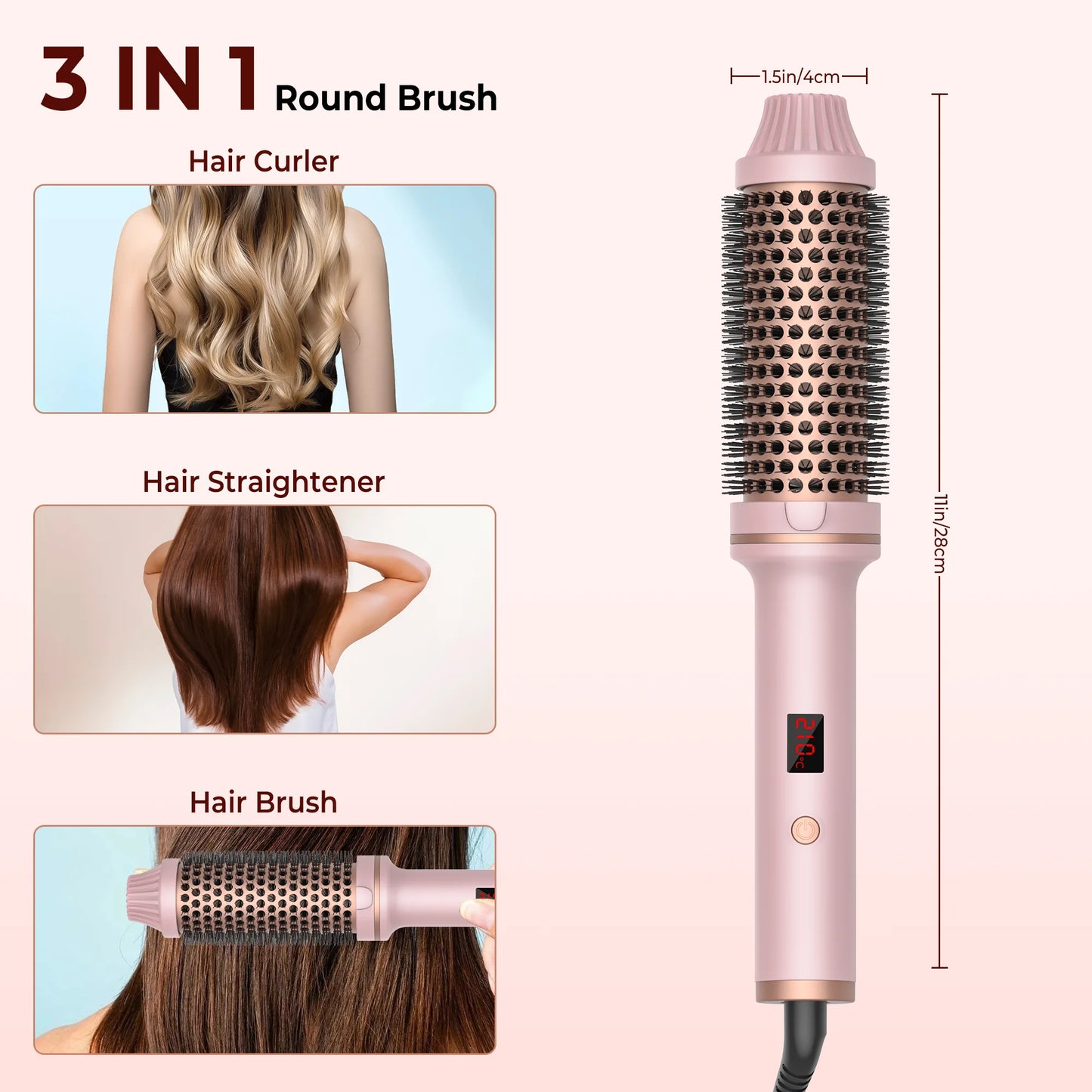 1.5 Inch Heated Curling Brush Ceramic Curling Iron Volumizing Hot Brush Create Root Volume & Loose Curls, Electric Round Brush