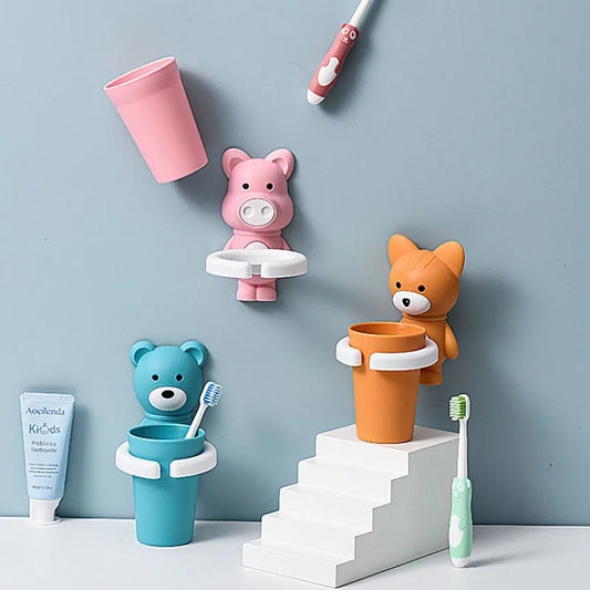 Children's Bathroom Toothbrush Toothpaste Rack Mouthwash Cup Set Device Rack Wall-mounted Punch-free Baby Brushing Cup