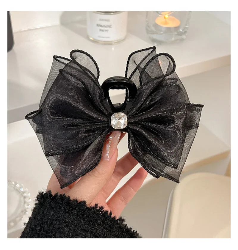 Korea Sweet Mesh Tulle Big Bow Hair Claw Clips for Women White Black Bowknot Hair Clamp Hairpin Headdress Accessories Shark Clip