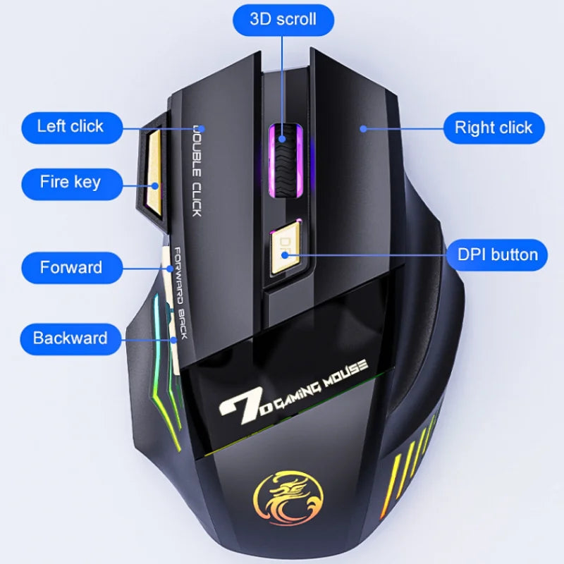 2023 New C Free Double-click 2.4G Btooth Silent Rechargeable Dazzling Breathing Light Wireless Game Mouse 7 Keys