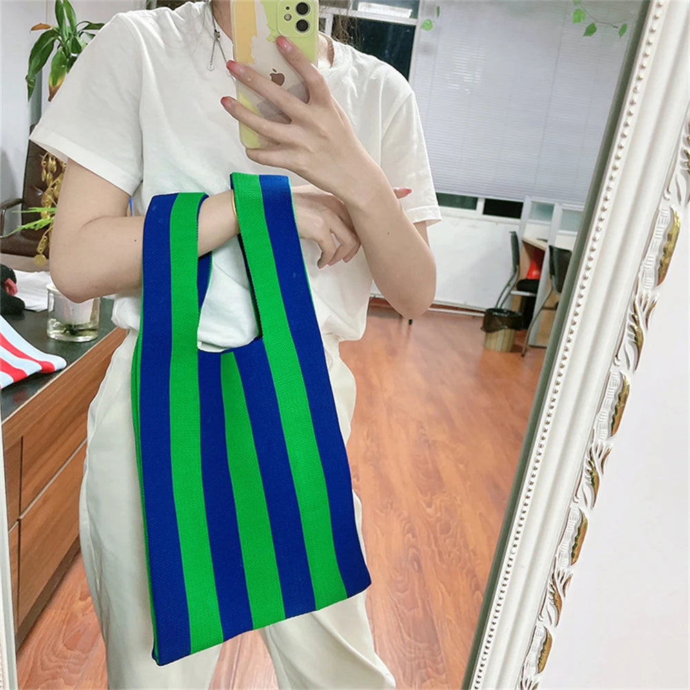 Striped Knitting Tote Bags Women's Shoulder Bag Fashion Hollow Out Tote Ladies Female Woven Shopper Purse Lady Crossbody Handbag