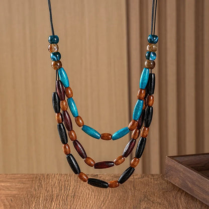 Bohemian Ethnic Wood Beads Multi Layers Necklaces Pendants Handmade Vintage Necklace for Women Daily Wear Fashion Jewelry