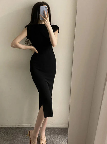 Summer New Short Sleeve Women Folds Casual Charm Slim Fit High Waist Split Long Christmas Dress Sexy Wrap Hip Gentle Solid W9YK