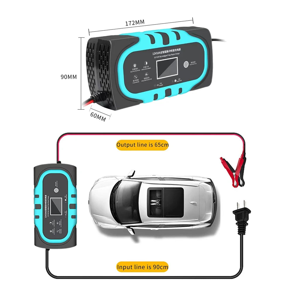 Intelligent Car Motorcycle Battery Charger with LCD Display, 12V, Equipped with Multiple Protections against Overheating and Overcharging. Includes Car Charger Accessories.