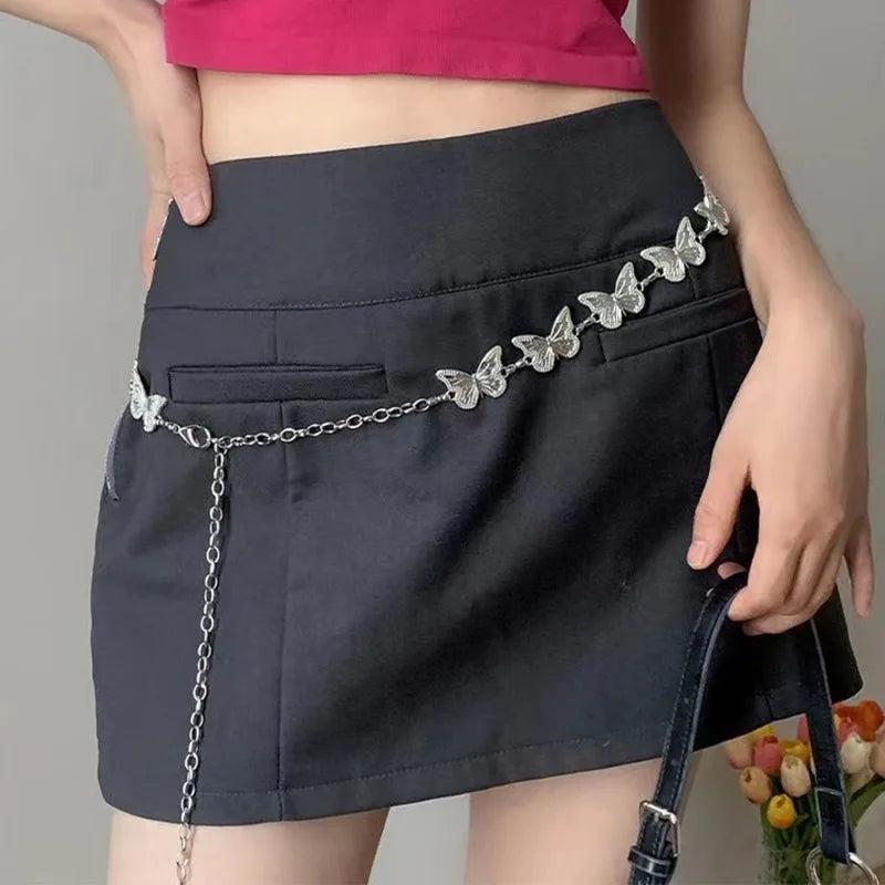 Butterfly Metal Waist Chain Women Y2K Retro Versatile Silver Color Waist Chain Dress Short Skirt Gothic Chain Fashion Accessory