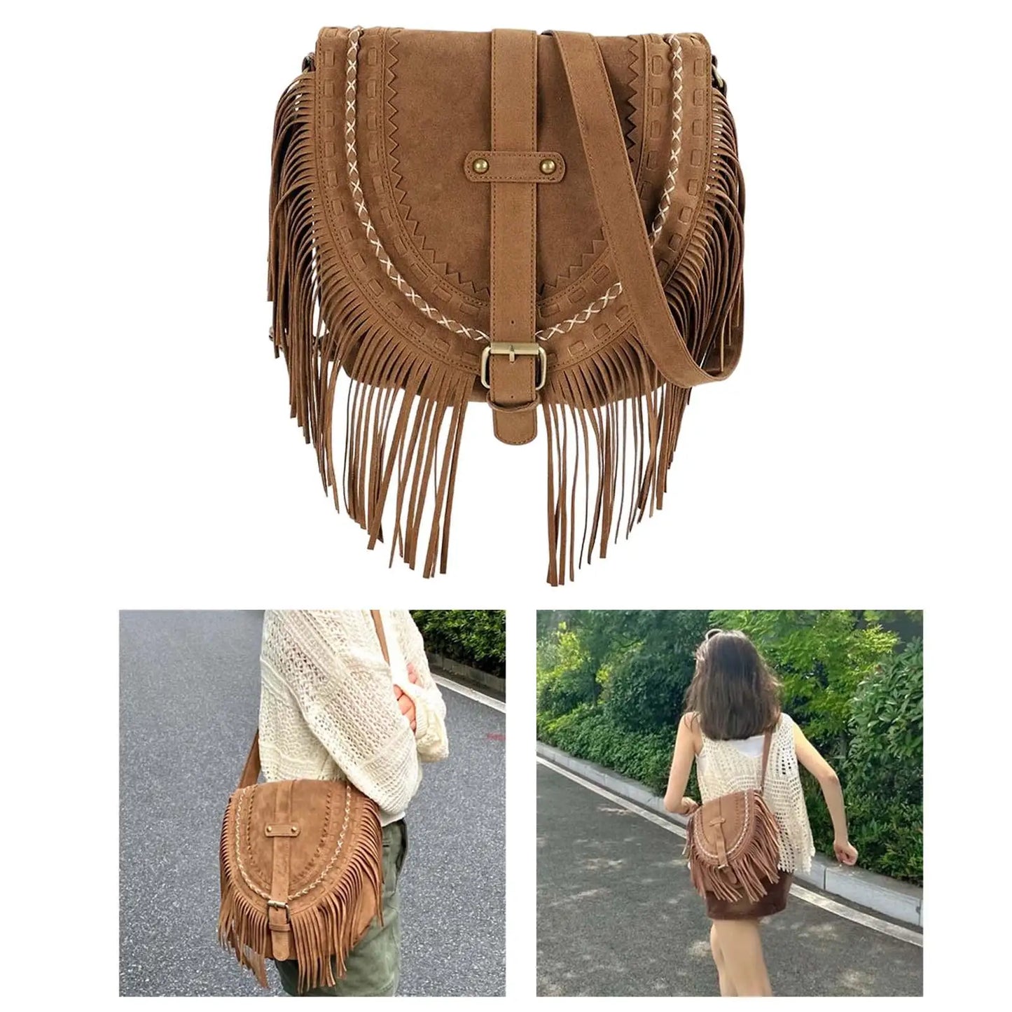 Fashion Retro Handmade Faux Suede Tassel  Womens Shoulder Crossbody Messenger Bag Tassel Boho Handbag for Women Summer