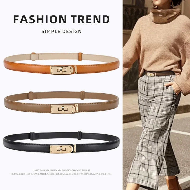 New Fashion Brand High Quality Women Belt Genuine Leather Width Belts Golden Lock Buckle Dress Jeans Sweater Waistband Belt