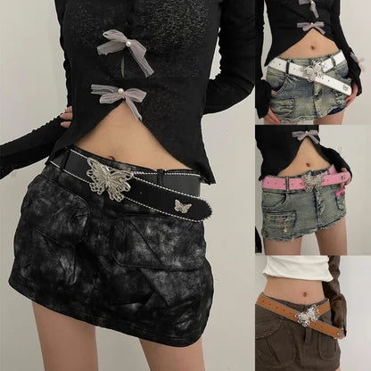 Y2K Jeans Butterfly Pin Buckle PU Belt for Women Subculture Goth Punk Buckle Waist Belt Vintage Wide Belt for Teens Girls Female