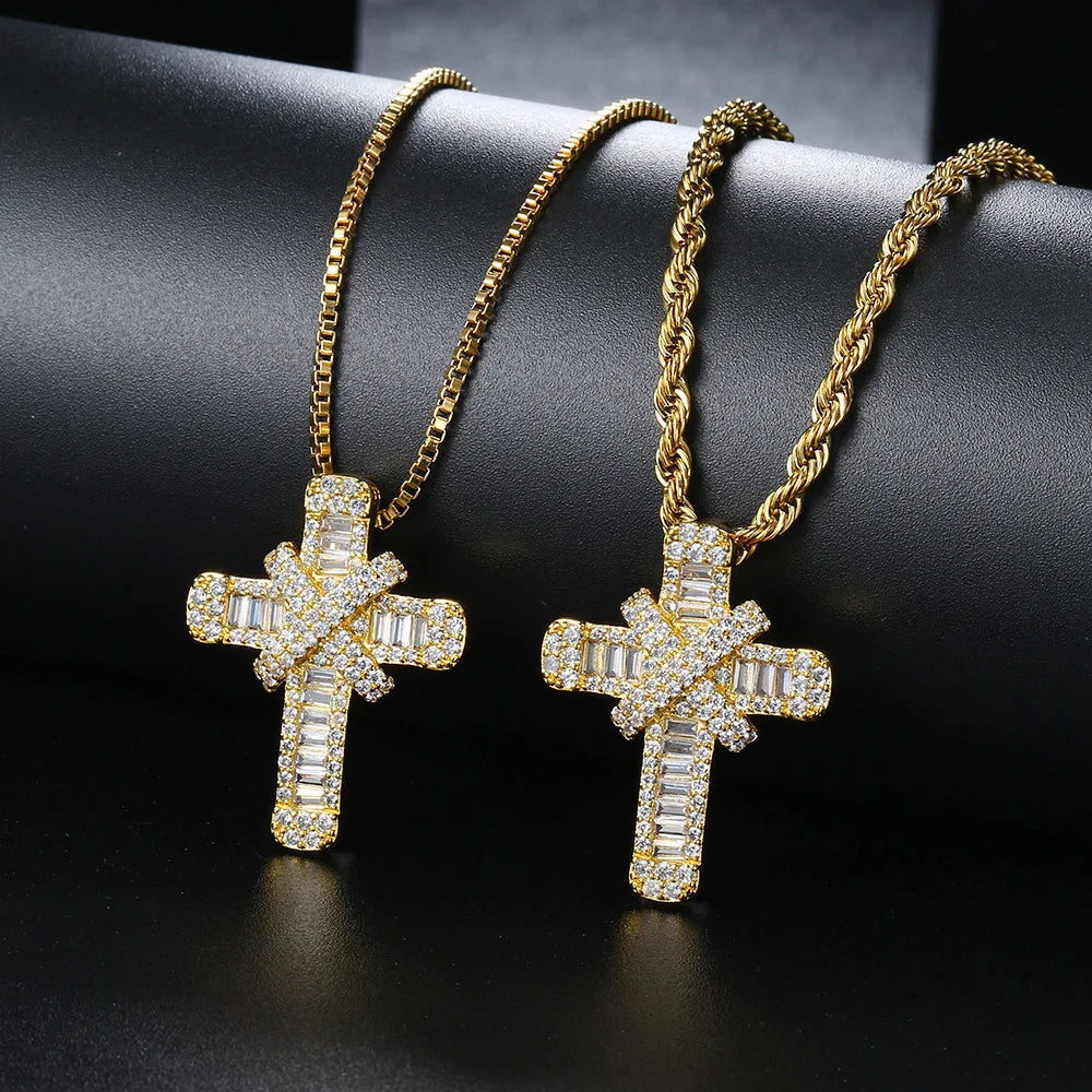 Iced Out Pendants Cross Necklaces for Women Hip Hop Gold Color Zircon Neck Chain Streetwear Hippie Jewelry Christmas Gift OHP142